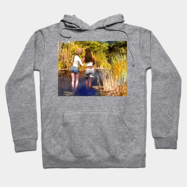 Two women girls wading in pond zen yoga buddhism Hoodie by Fantasyart123